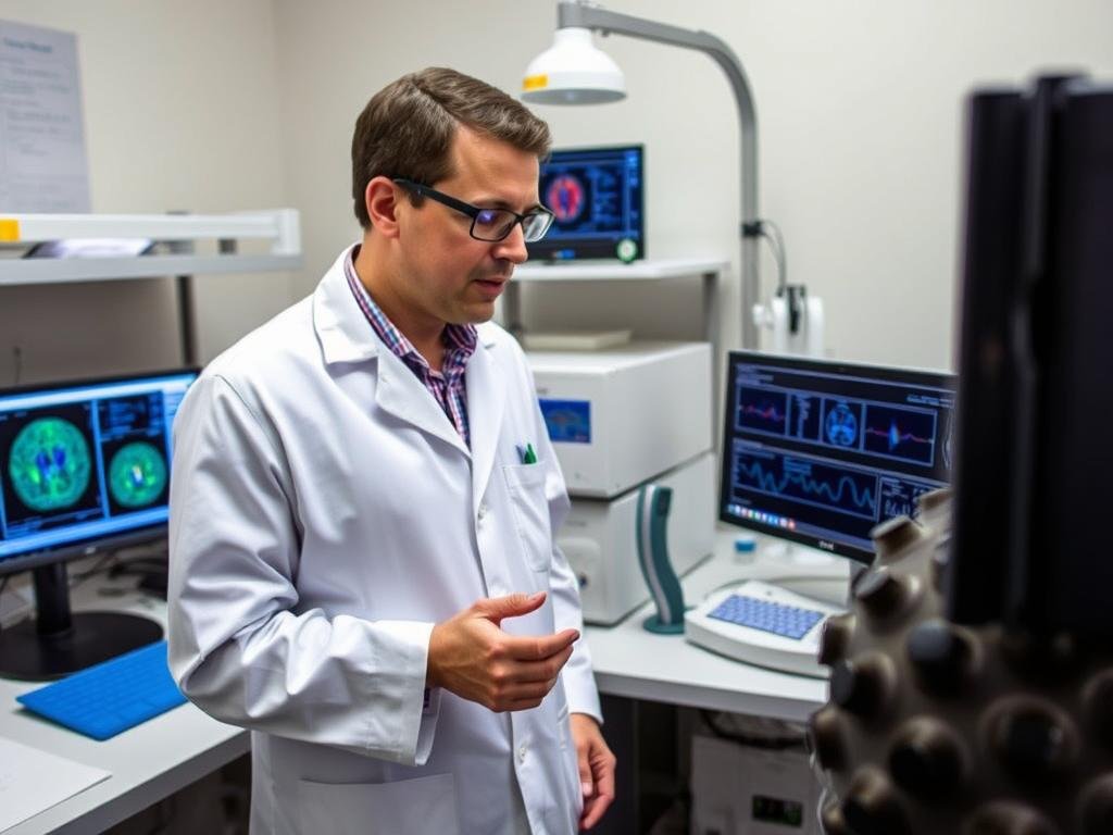 Científico evaluando la precisión del analizador cuántico por resonancia magnética en un laboratorio