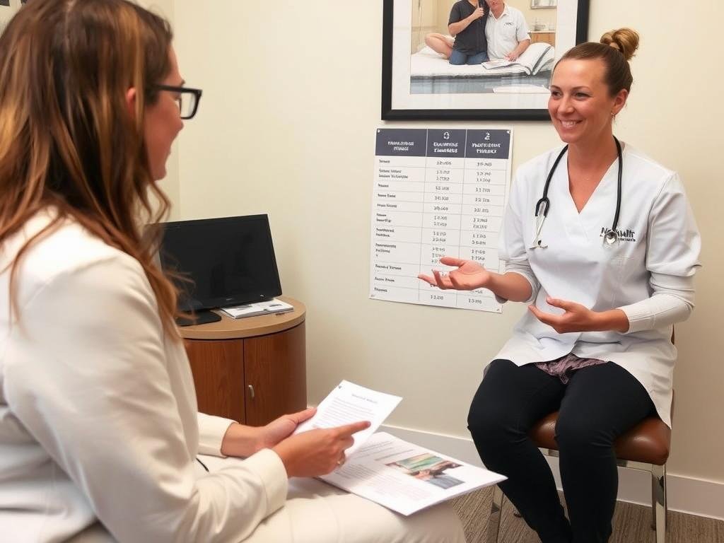 Colonic irrigation practitioner answering client questions about treatment costs Colonic irrigation practitioner answering client questions about treatment costs