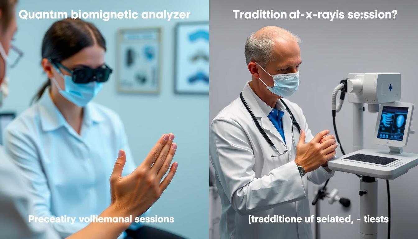 Comparación visual entre analizador cuántico biomagnético y métodos tradicionales Comparación visual entre analizador cuántico biomagnético y métodos tradicionales