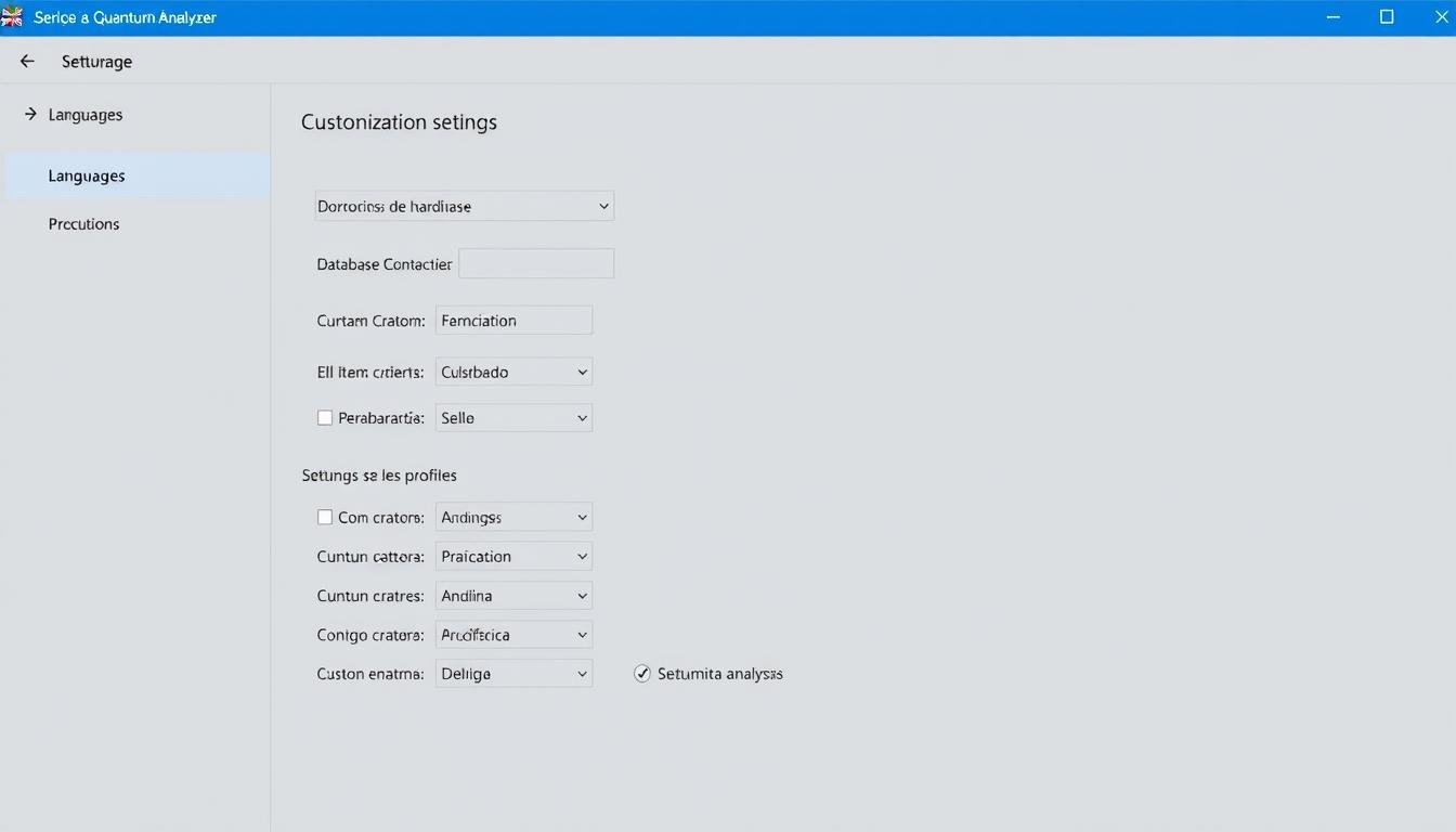 Pantalla de configuración inicial de un analizador cuántico con opciones de personalización Pantalla de configuración inicial de un analizador cuántico con opciones de personalización