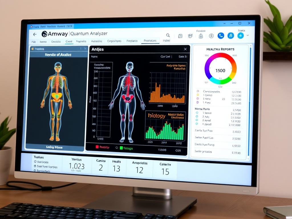 Pantalla de software del analizador cuántico Amway mostrando resultados