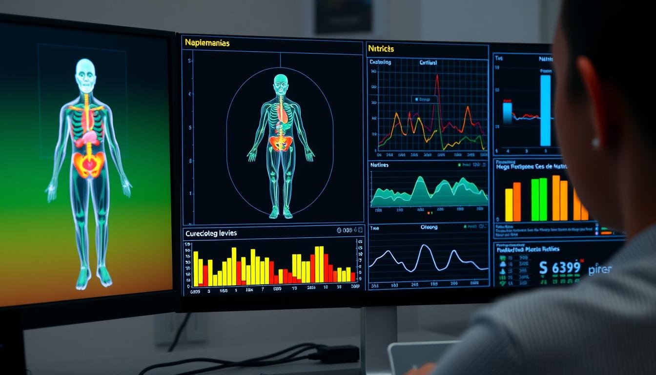 Pantalla mostrando múltiples parámetros analizados por el analizador cuántico biomagnético Pantalla mostrando múltiples parámetros analizados por el analizador cuántico biomagnético
