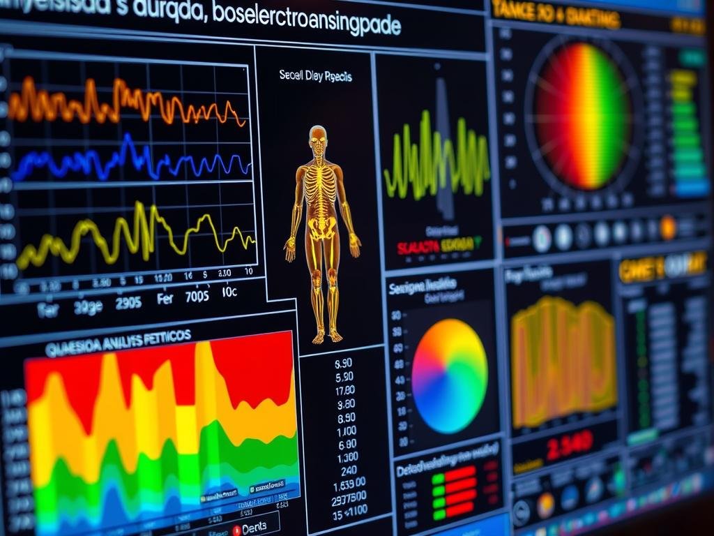 Pantalla mostrando resultados de análisis cuántico bioeléctrico con gráficos Pantalla mostrando resultados de análisis cuántico bioeléctrico con gráficos