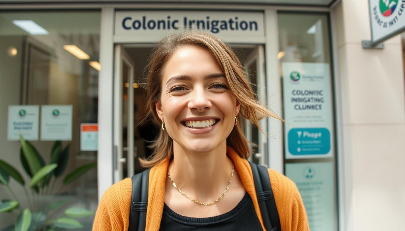 Person leaving a colonic irrigation clinic looking refreshed and satisfied Person leaving a colonic irrigation clinic looking refreshed and satisfied
