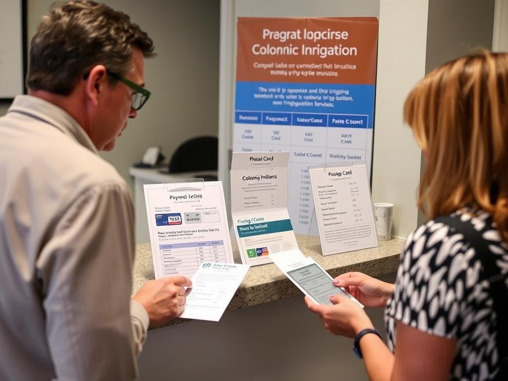Person reviewing payment options for colonic irrigation services Person reviewing payment options for colonic irrigation services