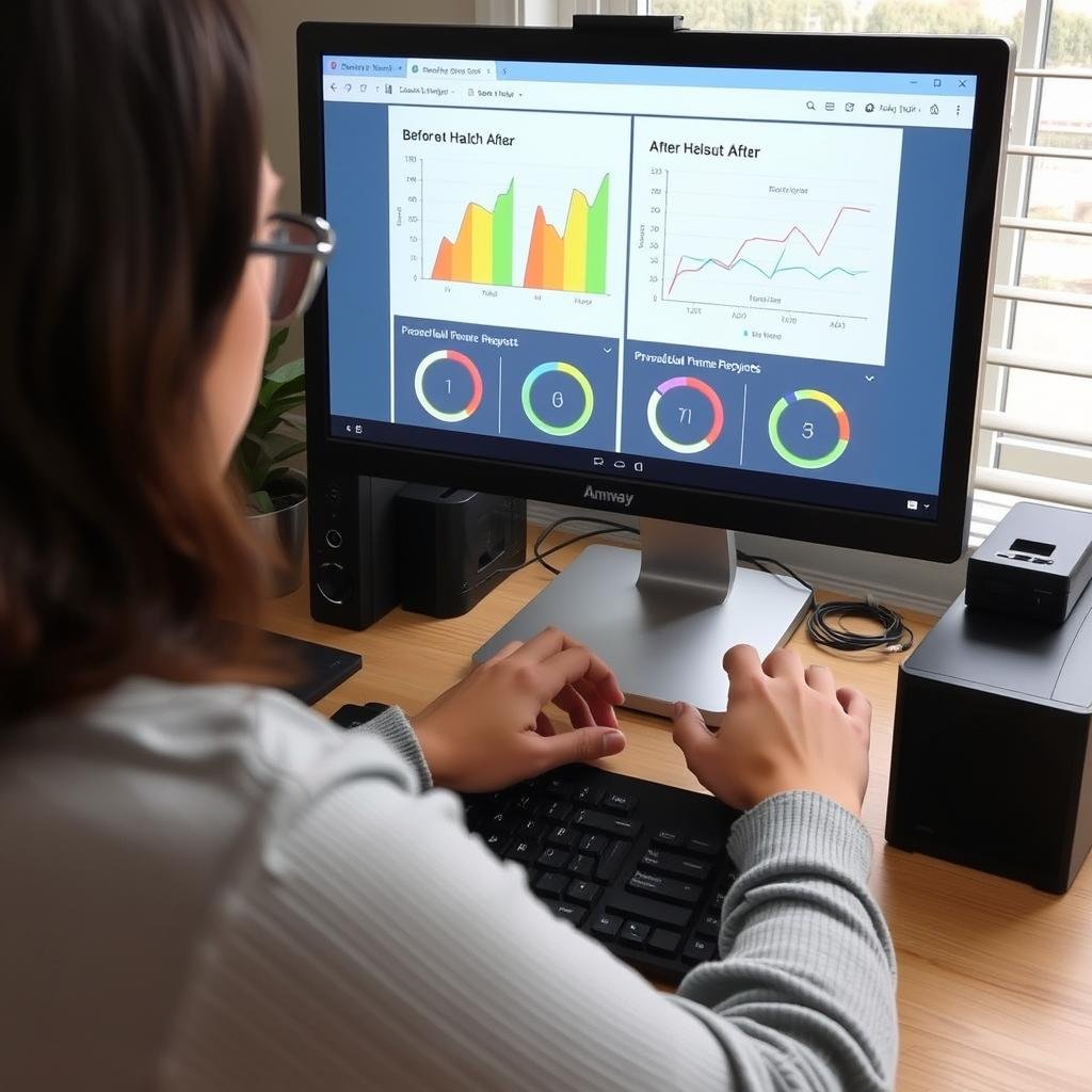 Persona revisando su progreso de salud en el software del analizador cuántico
