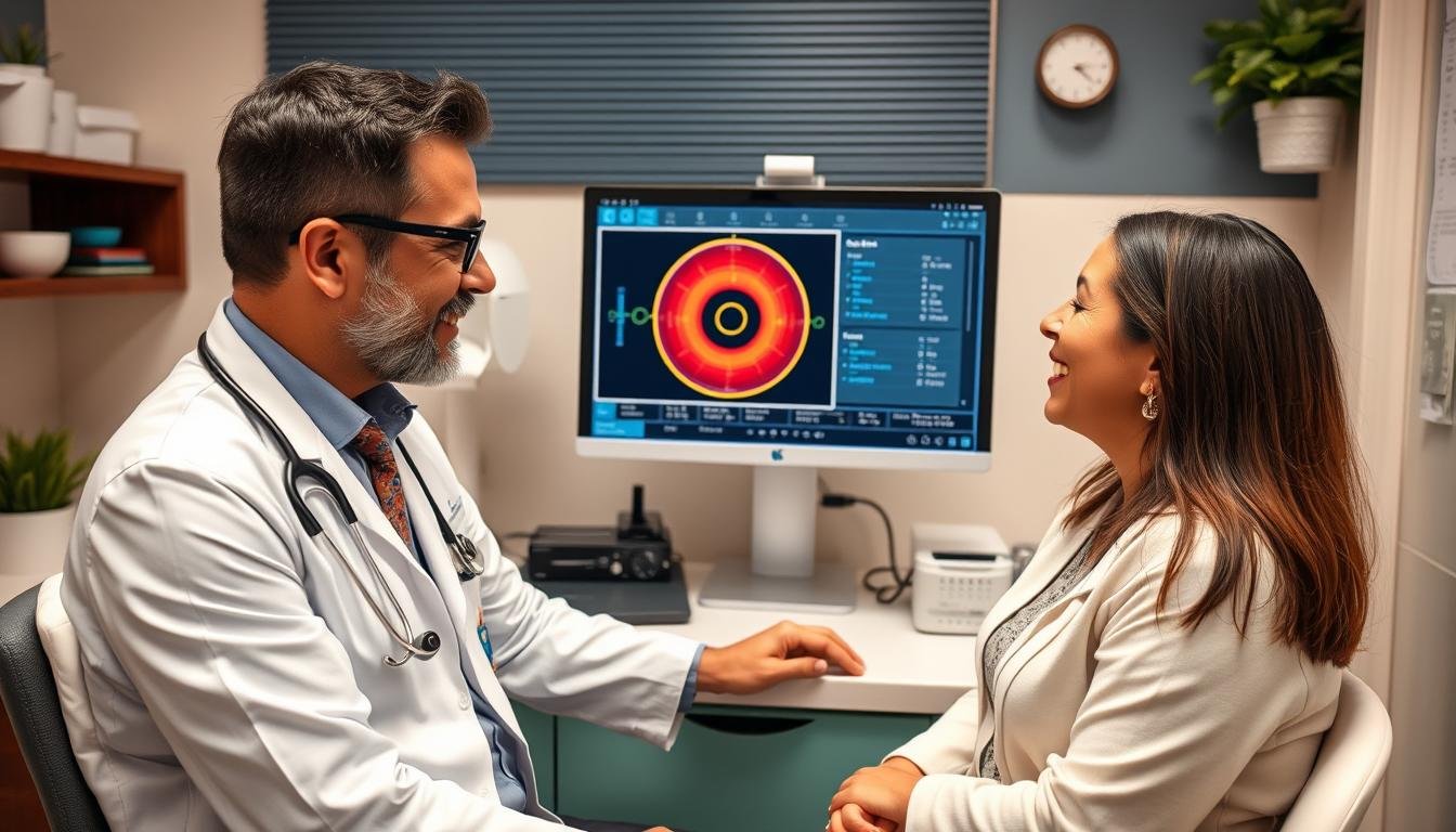 Profesional de la salud explicando resultados del analizador cuántico bioeléctrico a un paciente en México Profesional de la salud explicando resultados del analizador cuántico bioeléctrico a un paciente en México