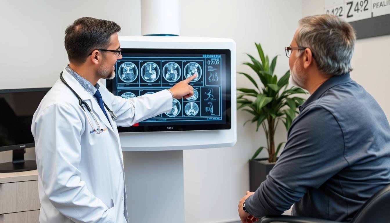 Profesional de la salud revisando resultados del analizador cuántico de resonancia magnética con un paciente Profesional de la salud revisando resultados del analizador cuántico de resonancia magnética con un paciente