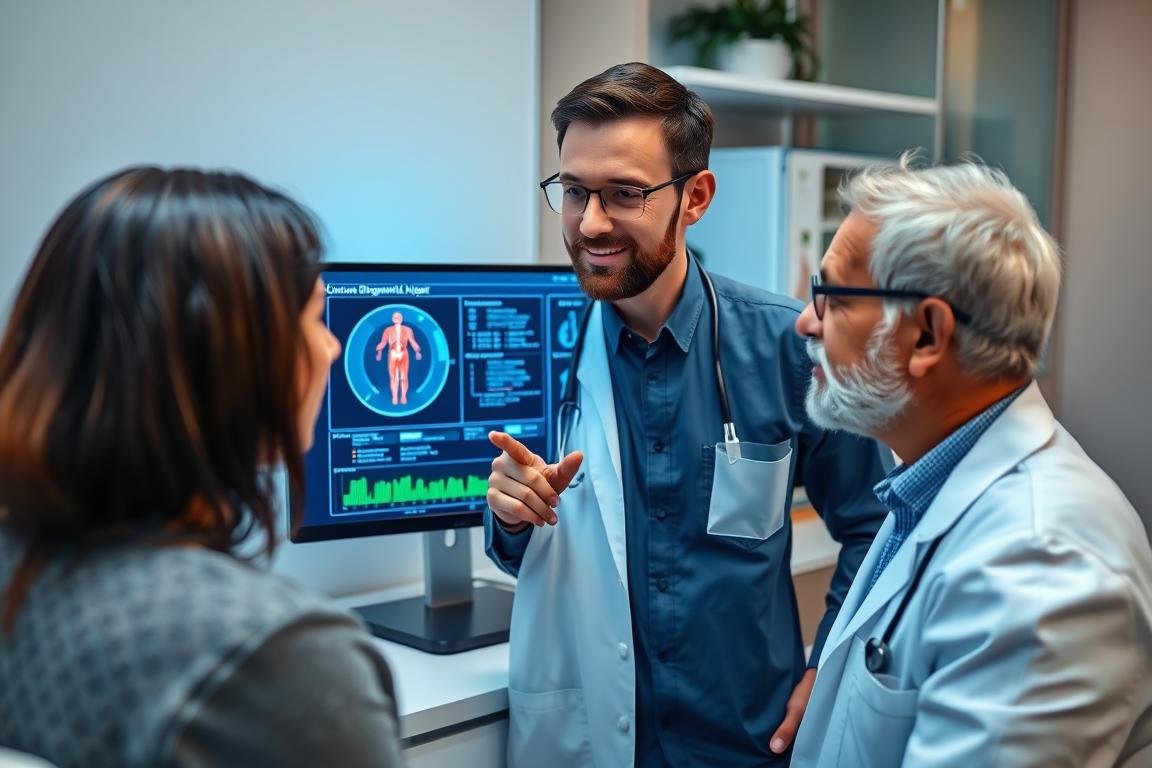 Profesional de salud explicando resultados del analizador cuántico biomagnético Profesional de salud explicando resultados del analizador cuántico biomagnético
