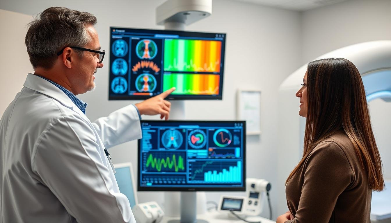 Profesional médico explicando resultados del analizador cuántico por resonancia magnética a un paciente