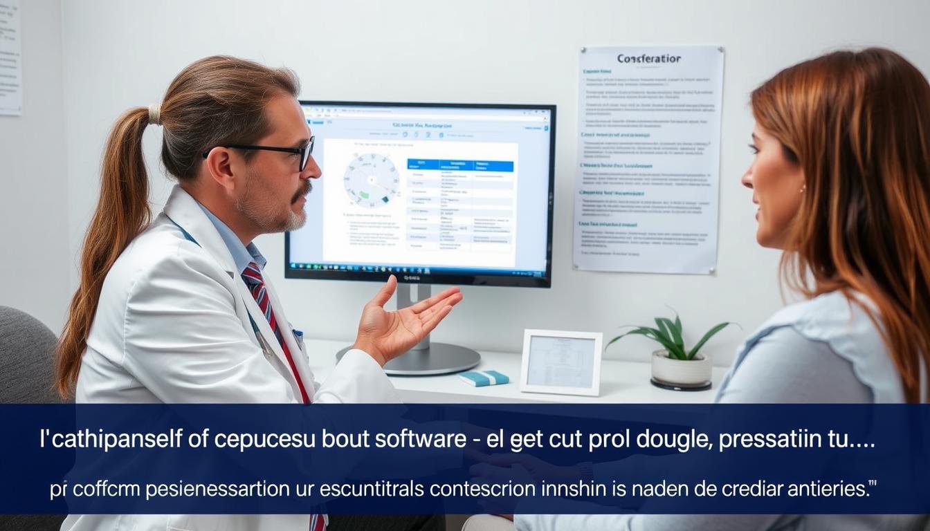 Profesional utilizando software analizador cuántico de manera ética con un cliente Profesional utilizando software analizador cuántico de manera ética con un cliente