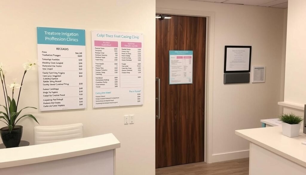 Reception area of a colonic irrigation clinic showing price list Reception area of a colonic irrigation clinic showing price list