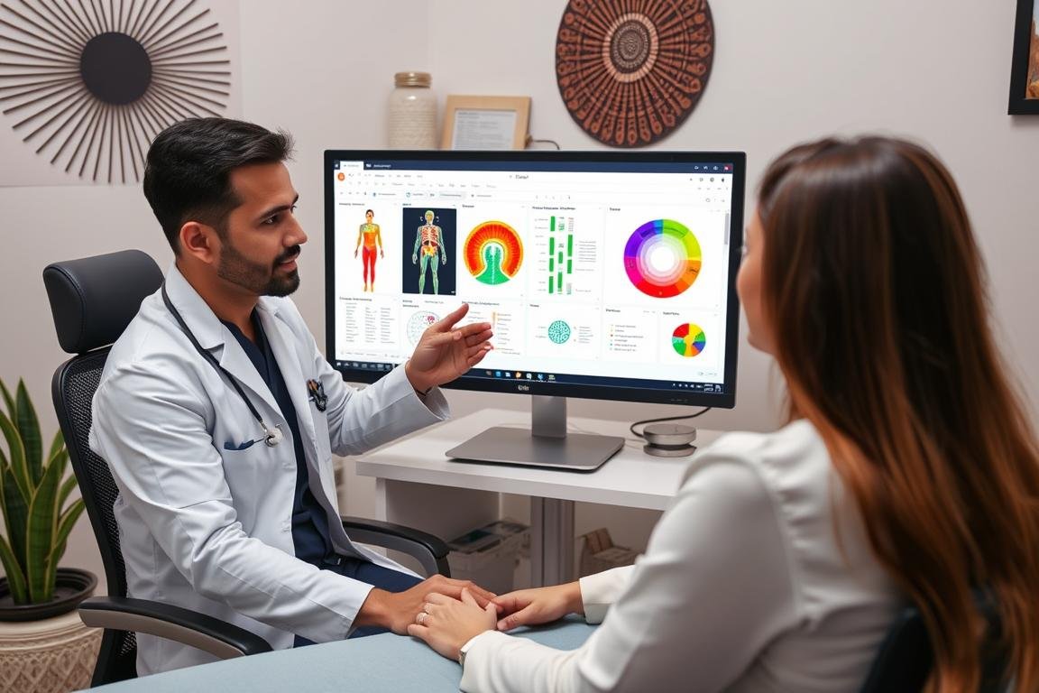Cliente recibiendo resultados de análisis cuántico de resonancia magnética en una clínica mexicana Cliente recibiendo resultados de análisis cuántico de resonancia magnética en una clínica mexicana