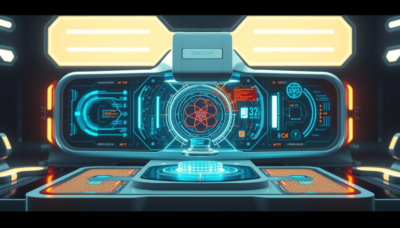 Concepto futurista de analizador cuántico con inteligencia artificial integrada