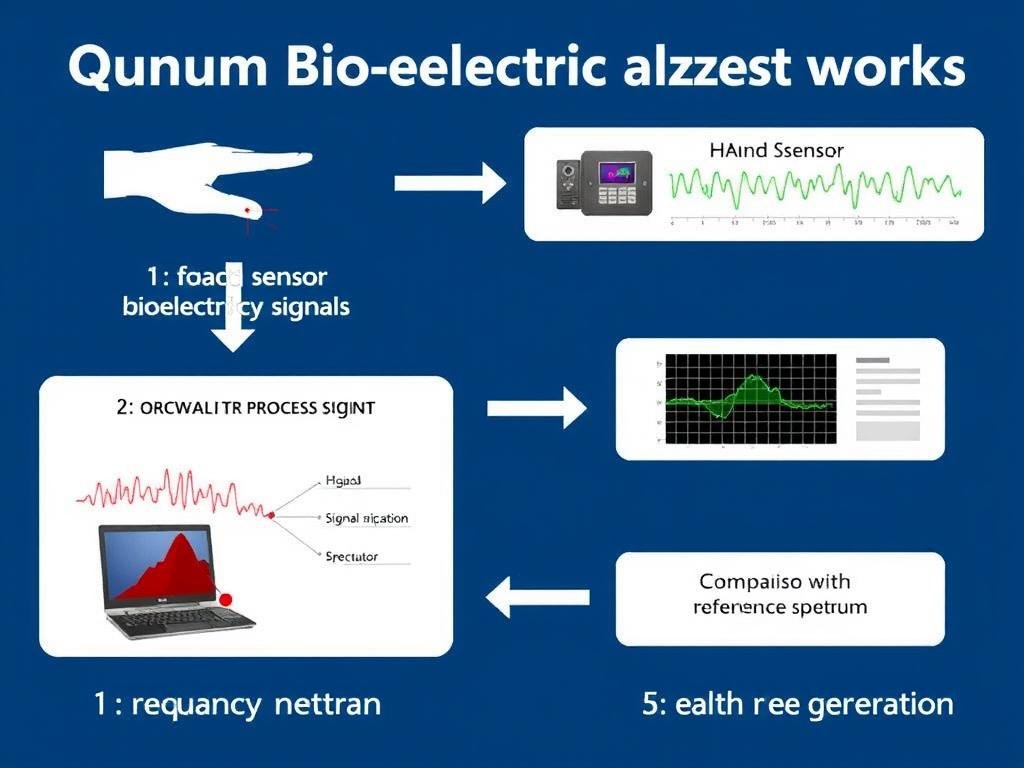 Diagrama del funcionamiento del analizador cuántico bioeléctrico mostrando el proceso de bioresonancia Diagrama del funcionamiento del analizador cuántico bioeléctrico mostrando el proceso de bioresonancia