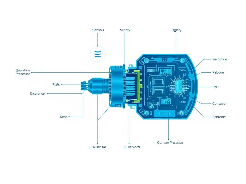 Diagrama del funcionamiento interno de un analizador cuántico biométrico mostrando sensores y procesamiento de datos Diagrama del funcionamiento interno de un analizador cuántico biométrico mostrando sensores y procesamiento de datos
