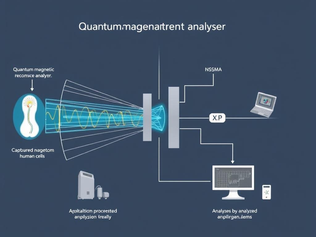 Diagrama que muestra el principio de funcionamiento del analizador cuántico de resonancia magnética