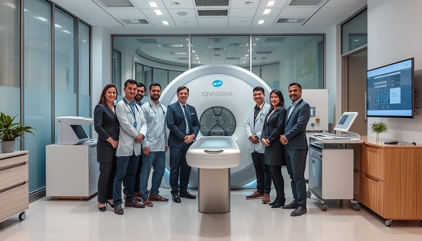 Equipo de especialistas en analizadores cuánticos de resonancia magnética listos para brindar asesoría