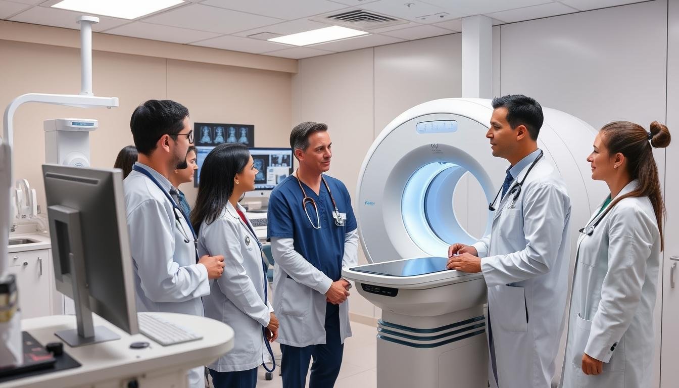 Equipo médico utilizando un analizador cuántico de resonancia magnética en un entorno clínico moderno Equipo médico utilizando un analizador cuántico de resonancia magnética en un entorno clínico moderno