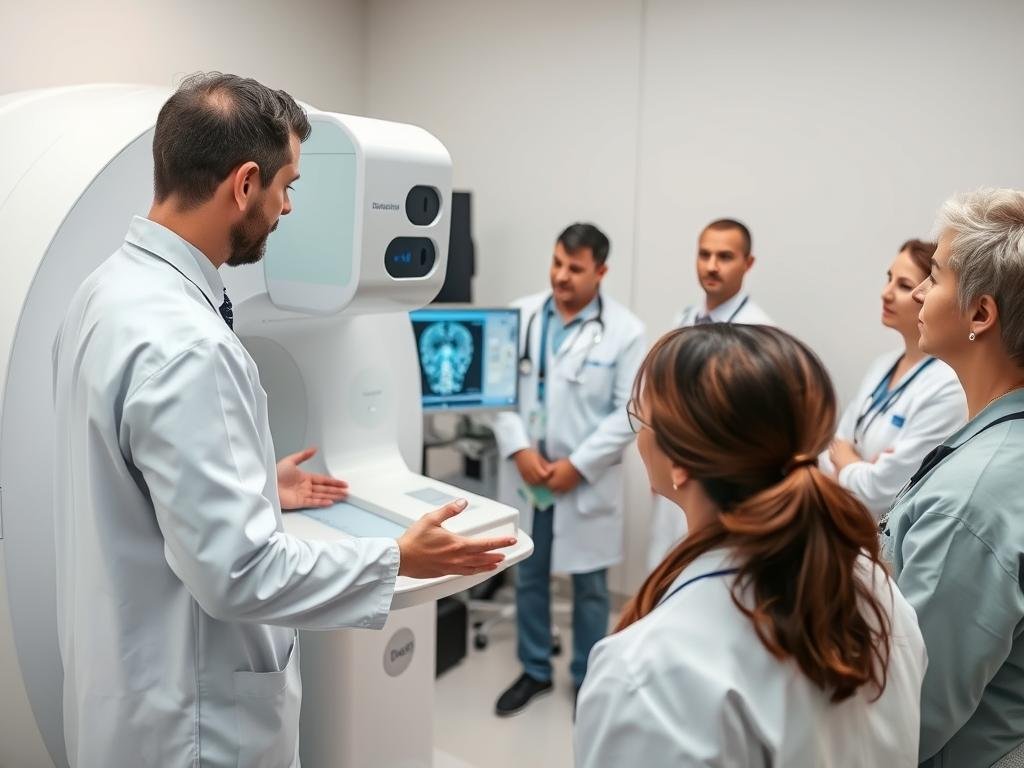 Especialista realizando una demostración del analizador cuántico de resonancia magnética Especialista realizando una demostración del analizador cuántico de resonancia magnética