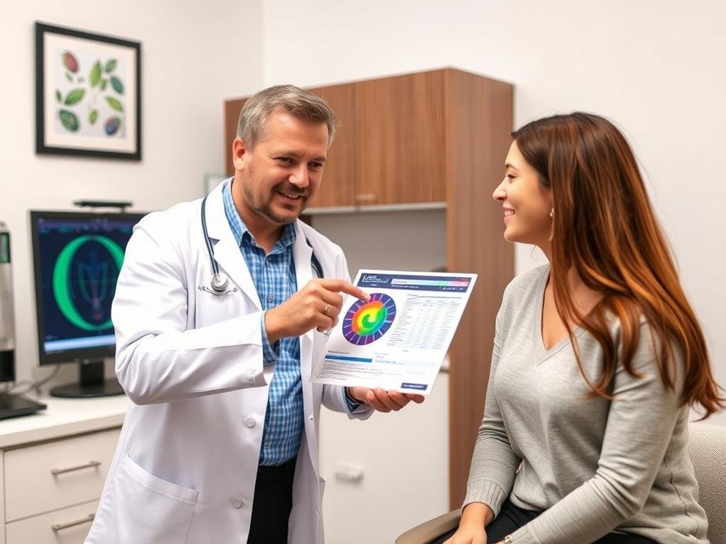 Healthcare professional explaining Quantum Resonance Magnetic Analyzer results to a patient Healthcare professional explaining Quantum Resonance Magnetic Analyzer results to a patient
