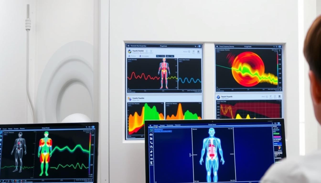 Interfaz de software del analizador cuántico de resonancia magnética mostrando múltiples reportes Interfaz de software del analizador cuántico de resonancia magnética mostrando múltiples reportes