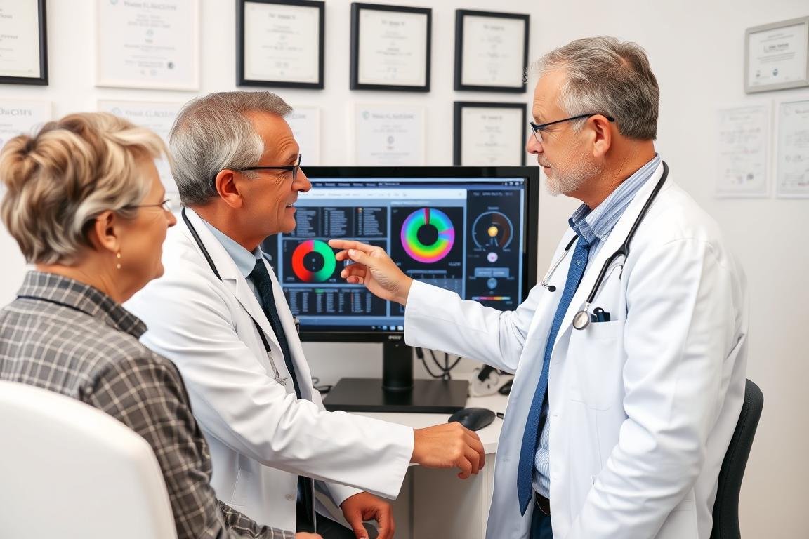 Médico analizando resultados del analizador cuántico con un paciente Médico analizando resultados del analizador cuántico con un paciente