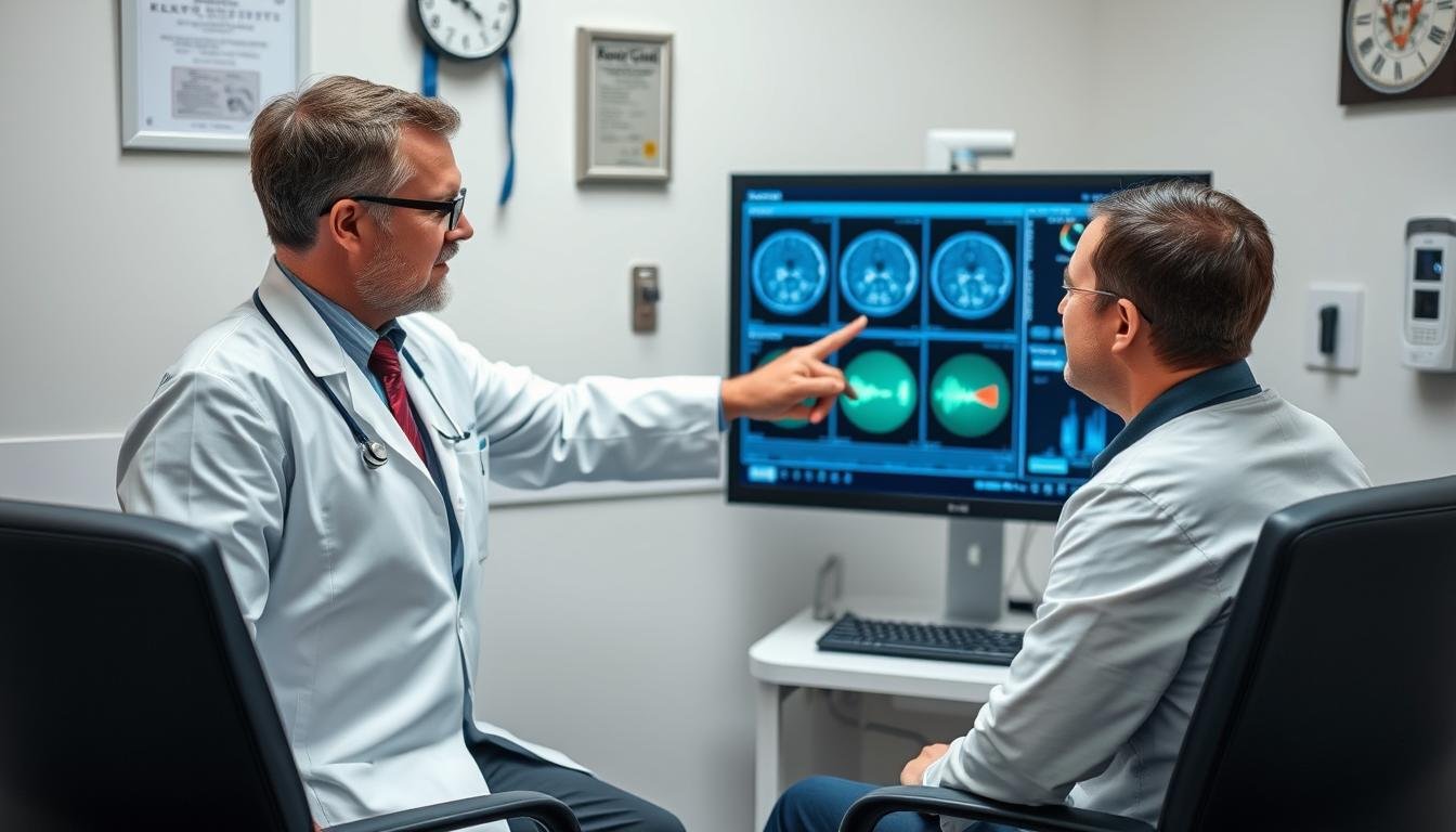 Médico explicando resultados del analizador cuántico a un paciente