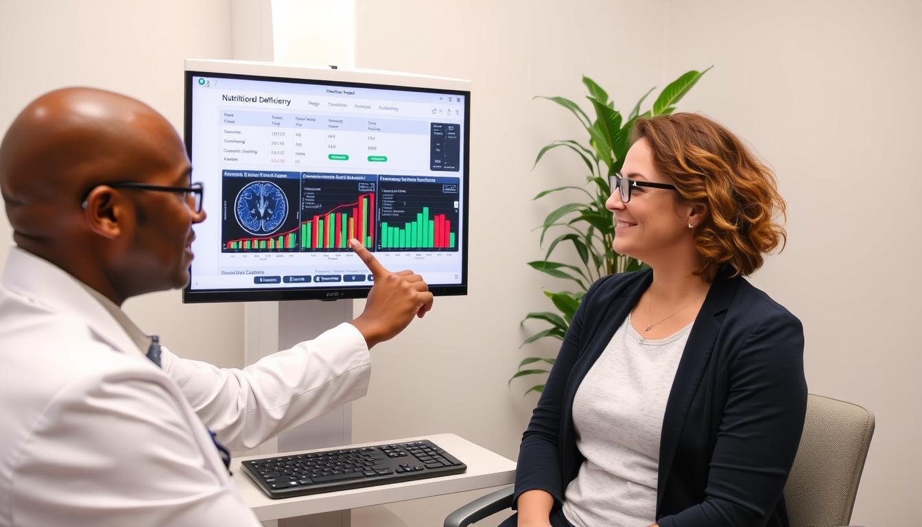 Nutricionista explicando resultados de análisis de deficiencias nutricionales a paciente Nutricionista explicando resultados de análisis de deficiencias nutricionales a paciente