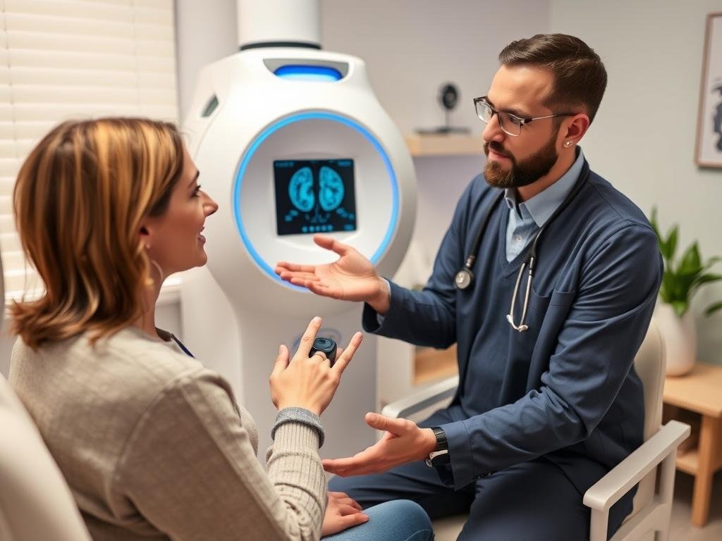 Paciente recibiendo análisis rápido con analizador cuántico Paciente recibiendo análisis rápido con analizador cuántico
