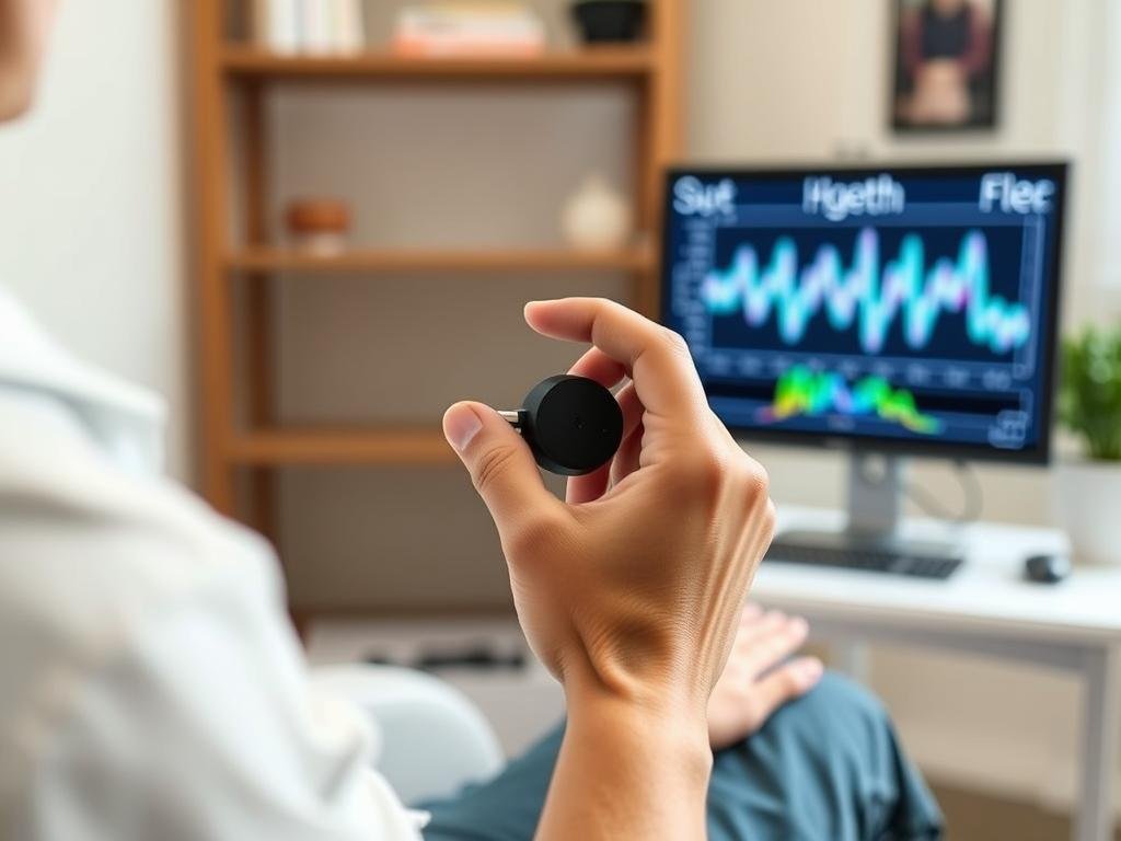 Person holding the Quantum Resonance Magnetic Analyzer sensor during a health assessment Person holding the Quantum Resonance Magnetic Analyzer sensor during a health assessment