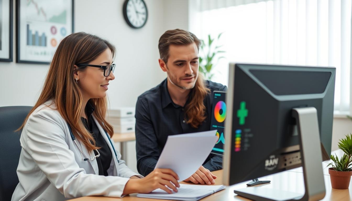 Person reviewing their Quantum Resonance Magnetic Analyzer results with a healthcare professional Person reviewing their Quantum Resonance Magnetic Analyzer results with a healthcare professional