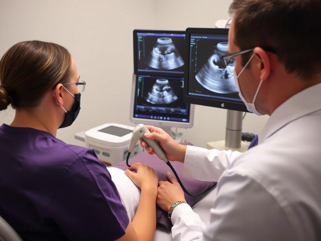 Procedimiento de ecografía siendo realizado por un médico Procedimiento de ecografía siendo realizado por un médico