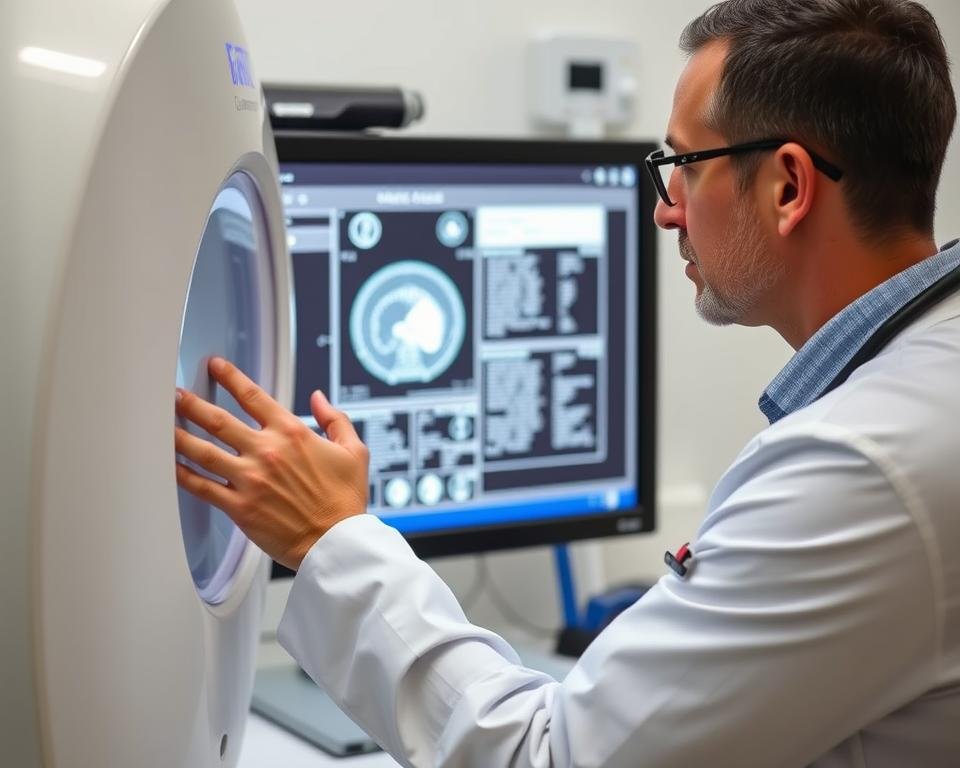 Profesional de la salud evaluando resultados de un analizador cuántico de resonancia magnética Profesional de la salud evaluando resultados de un analizador cuántico de resonancia magnética