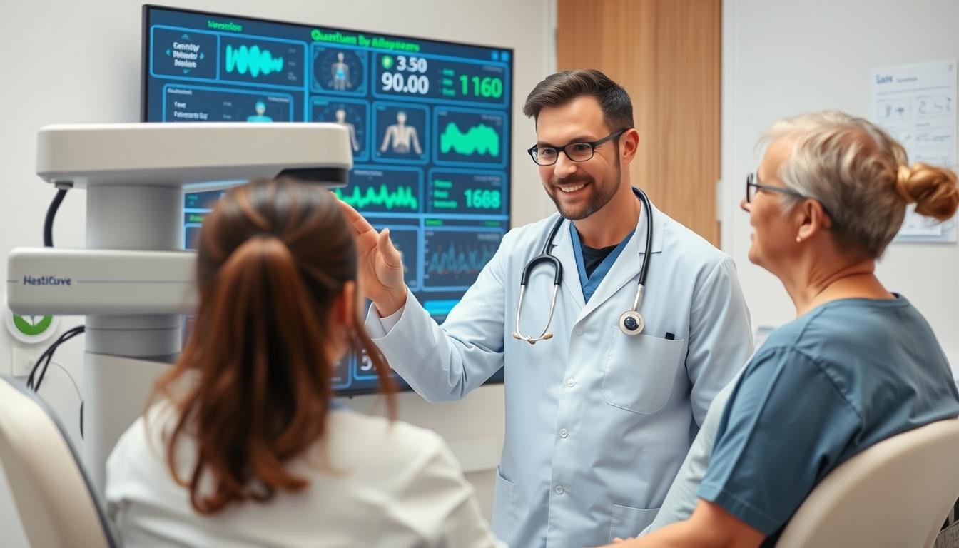 Profesional de la salud explicando resultados de analizador cuántico a un paciente