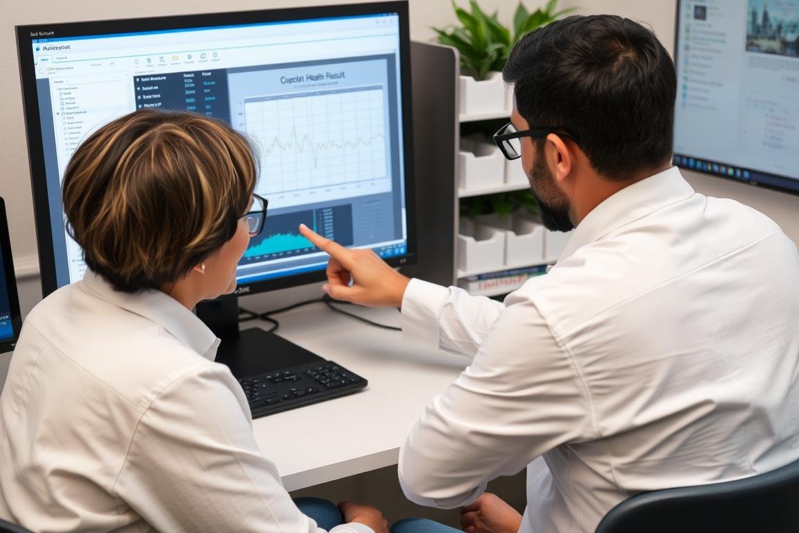 Profesional de la salud interpretando resultados del analizador cuántico bioeléctrico Profesional de la salud interpretando resultados del analizador cuántico bioeléctrico