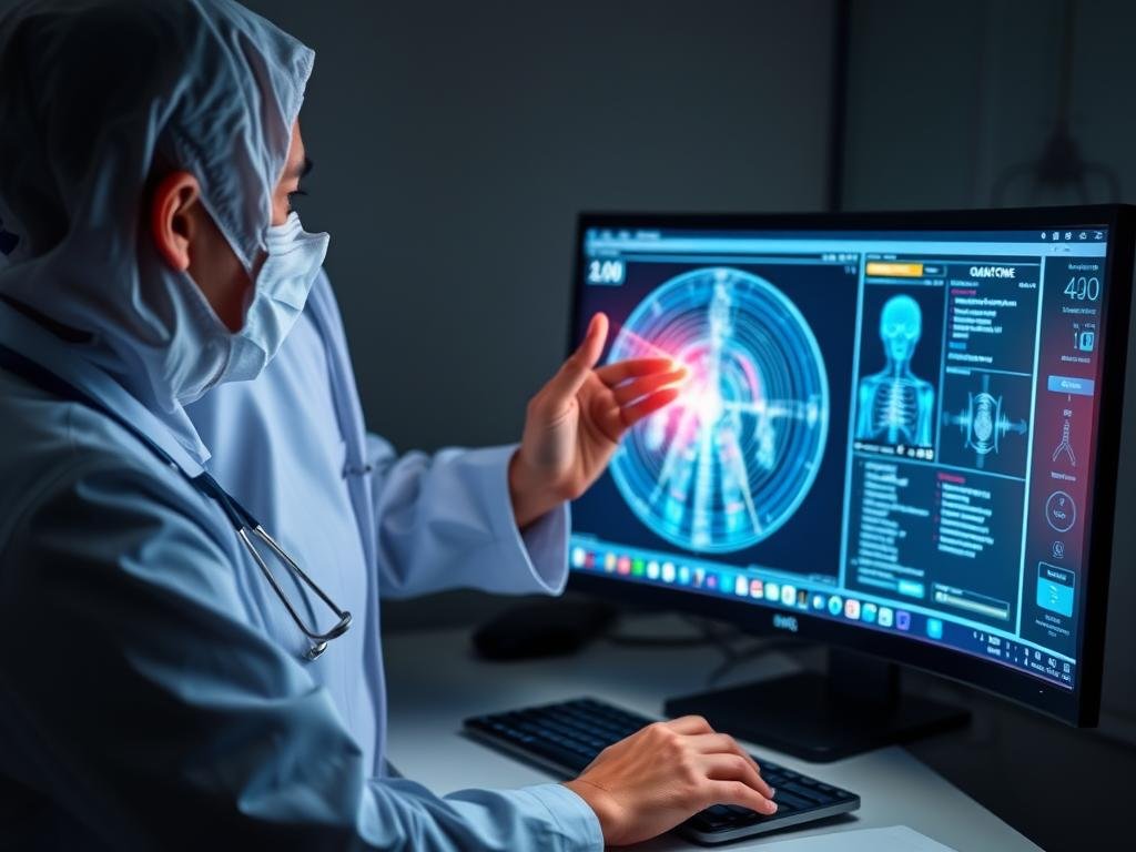Profesional de la salud realizando análisis con analizador cuántico Profesional de la salud realizando análisis con analizador cuántico