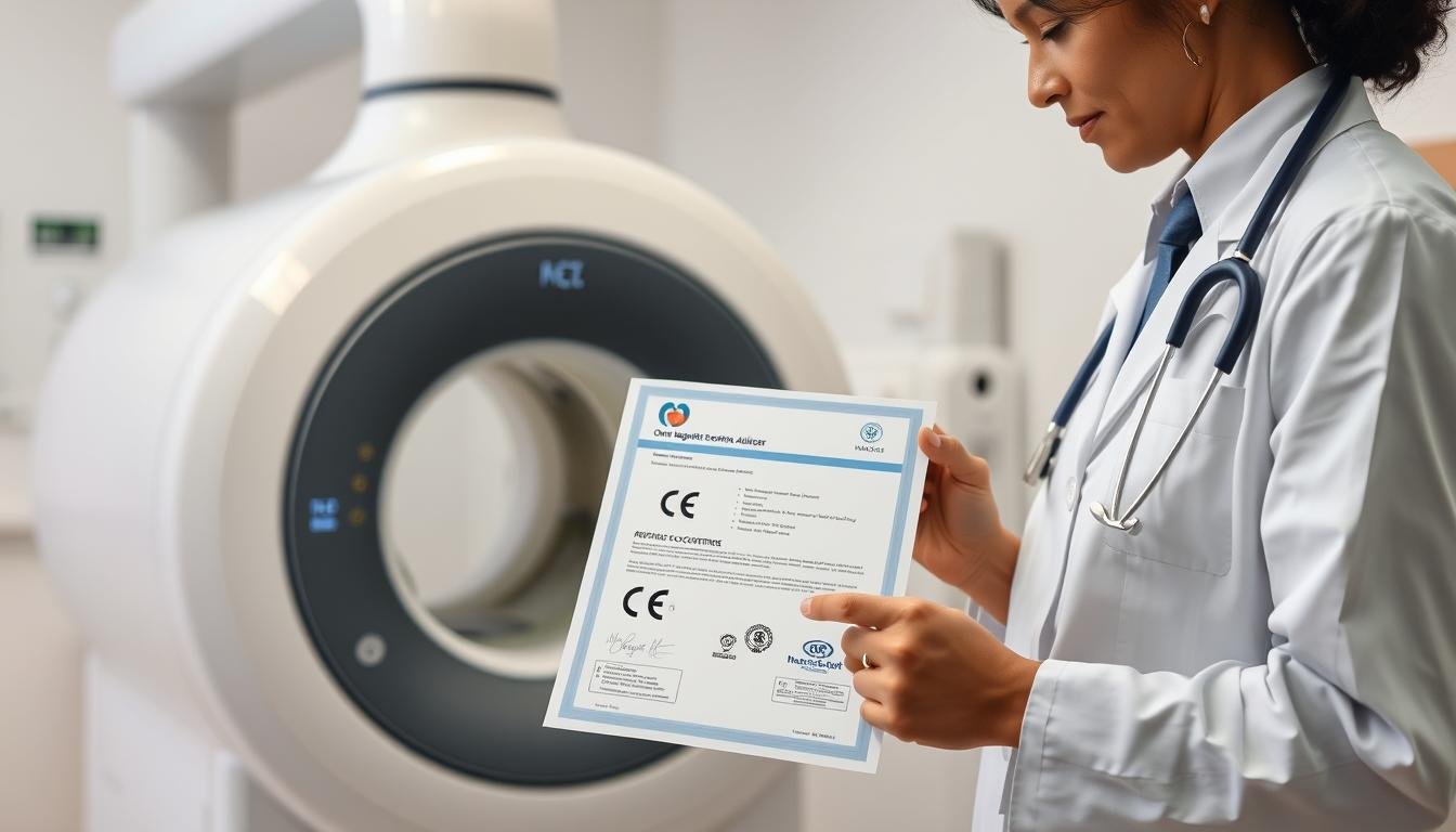 Profesional de la salud verificando certificaciones de un analizador cuántico Profesional de la salud verificando certificaciones de un analizador cuántico