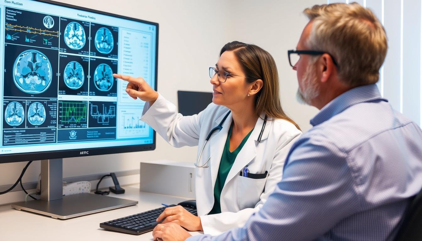Profesional médico explicando resultados de un análisis cuántico a un paciente Profesional médico explicando resultados de un análisis cuántico a un paciente