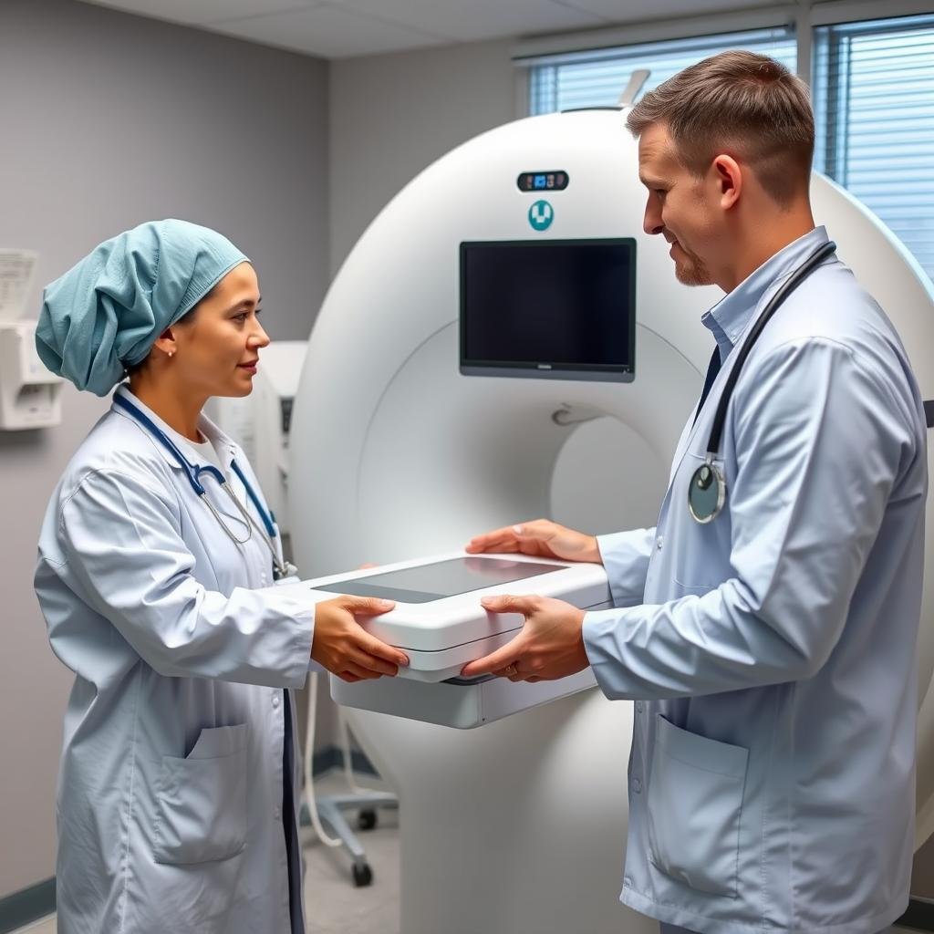 Profesional médico recibiendo un analizador cuántico de resonancia magnética en alquiler Profesional médico recibiendo un analizador cuántico de resonancia magnética en alquiler