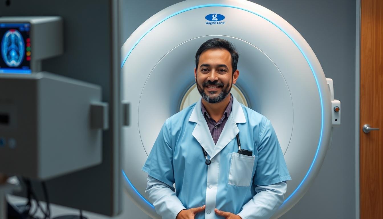 Profesional satisfecho utilizando un analizador cuántico de resonancia magnética de alta calidad