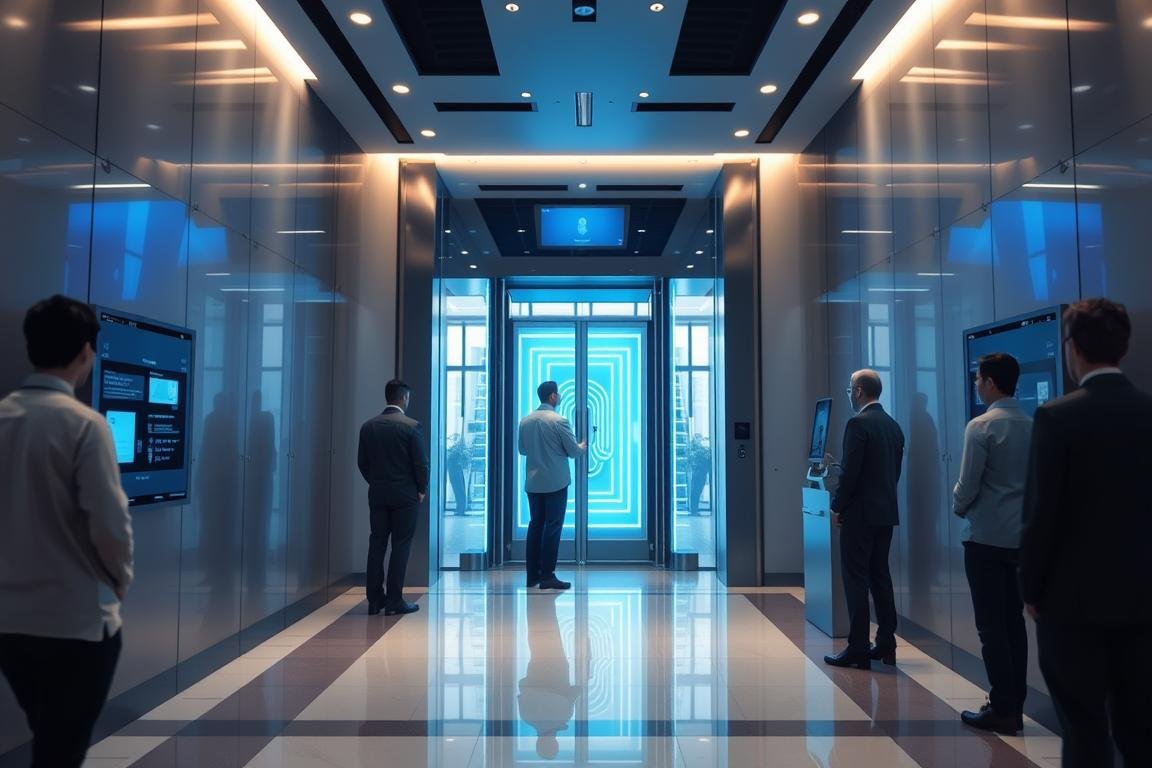 Sistema de seguridad con analizador cuántico biométrico en entrada de edificio corporativo Sistema de seguridad con analizador cuántico biométrico en entrada de edificio corporativo