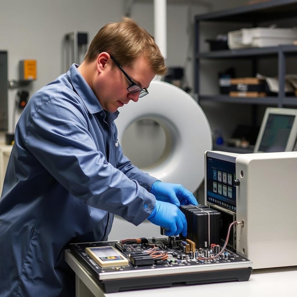 Técnico certificado reacondicionando un analizador cuántico de resonancia magnética Técnico certificado reacondicionando un analizador cuántico de resonancia magnética
