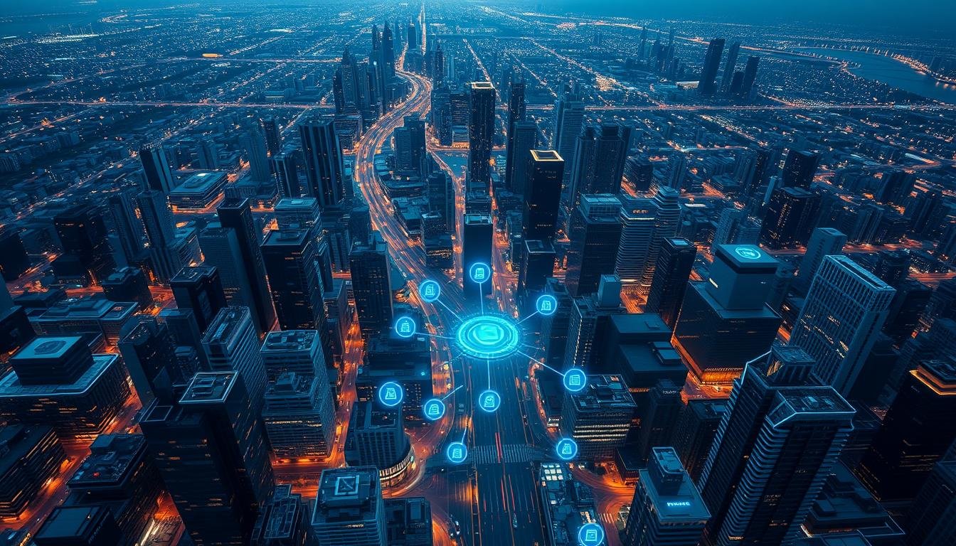 Vista aérea de ciudad inteligente con puntos de acceso de analizadores cuánticos biométricos marcados Vista aérea de ciudad inteligente con puntos de acceso de analizadores cuánticos biométricos marcados