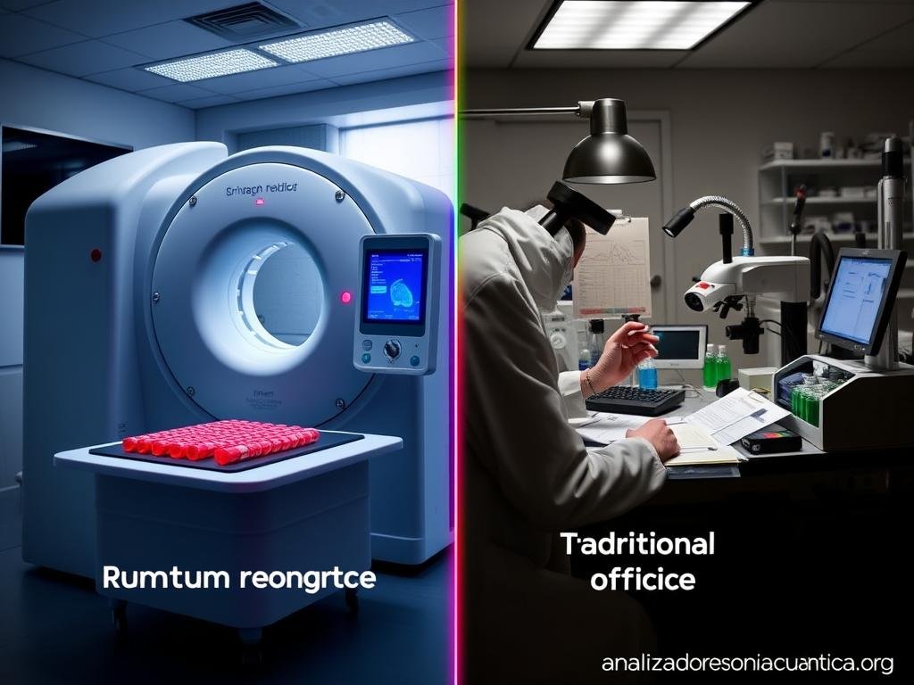 Comparativa visual entre analizador cuántico de resonancia magnética y métodos tradicionales de análisis nutricional Comparativa visual entre analizador cuántico de resonancia magnética y métodos tradicionales de análisis nutricional