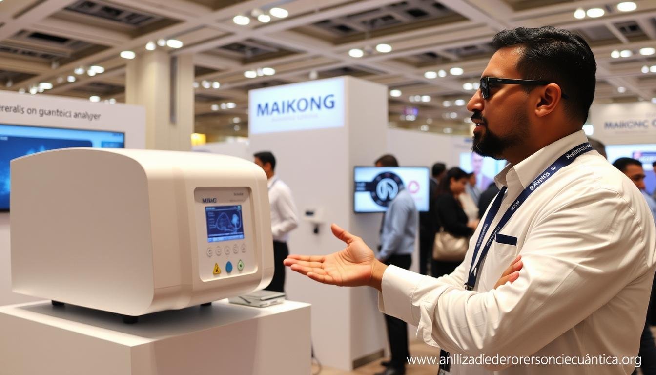 Distribuidor MAIKONG presentando el analizador cuántico de resonancia magnética a clientes