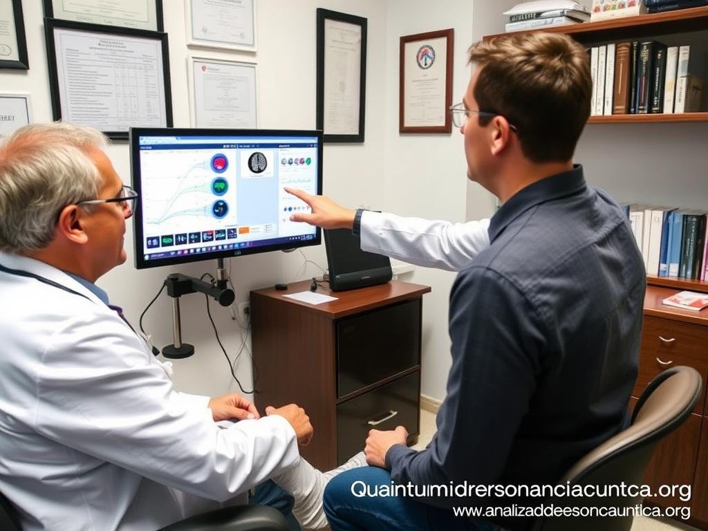 Doctor analizando resultados del analizador cuántico con un paciente Doctor analizando resultados del analizador cuántico con un paciente