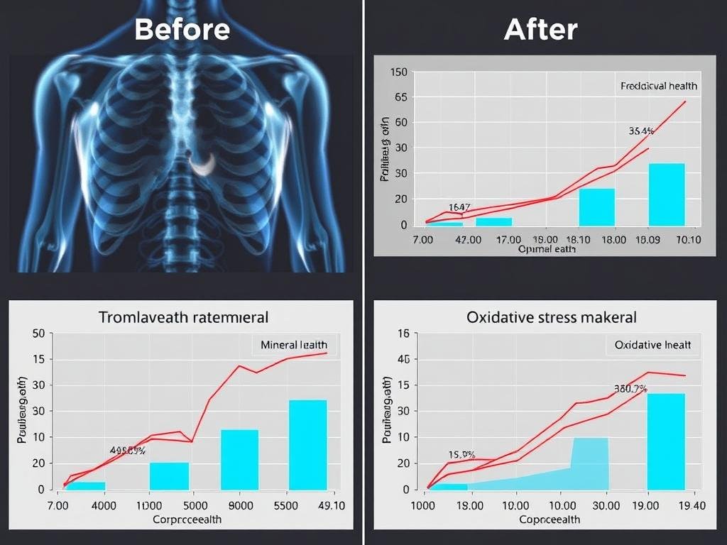Gráficos comparativos mostrando mejora en parámetros de salud tras intervención basada en análisis cuántico Gráficos comparativos mostrando mejora en parámetros de salud tras intervención basada en análisis cuántico