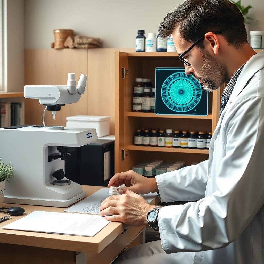 Homeópata analizando resultados de analizador cuántico Homeópata analizando resultados de analizador cuántico