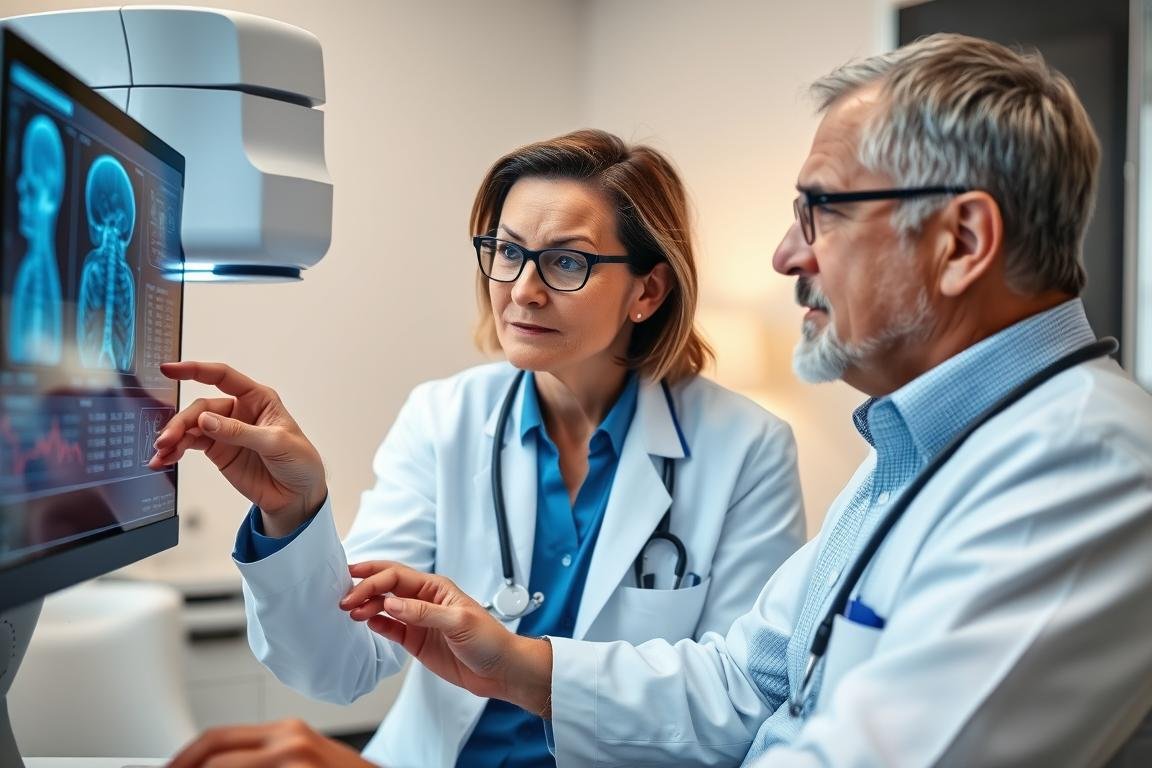 Médico explicando resultados del analizador cuántico a un paciente Médico explicando resultados del analizador cuántico a un paciente